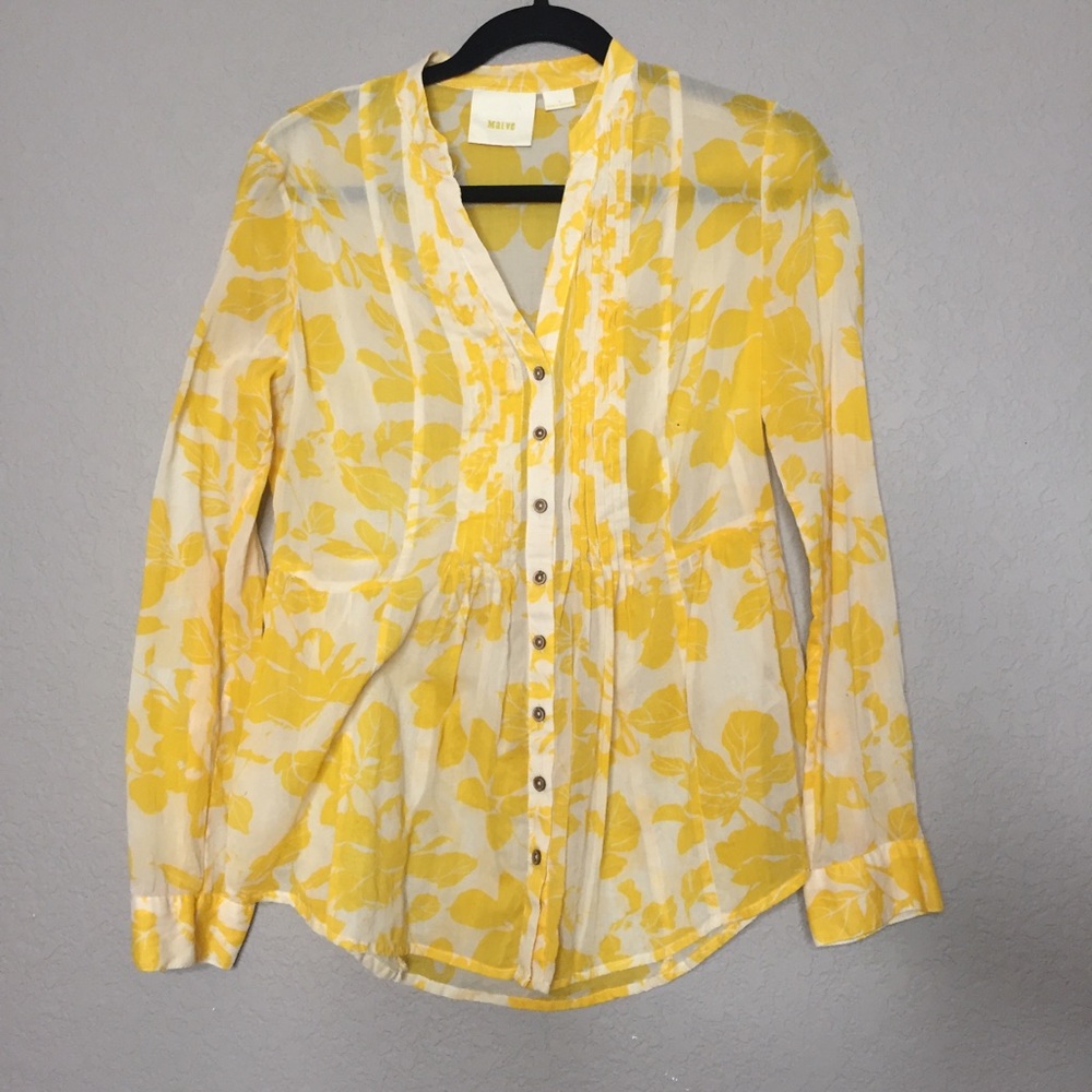 Maeve Yellow Floral Pleated Button Down Size 4
